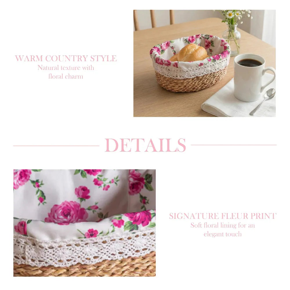 Woven basket with floral lining on a table with coffee and bread, text describing warm country style and floral charm.