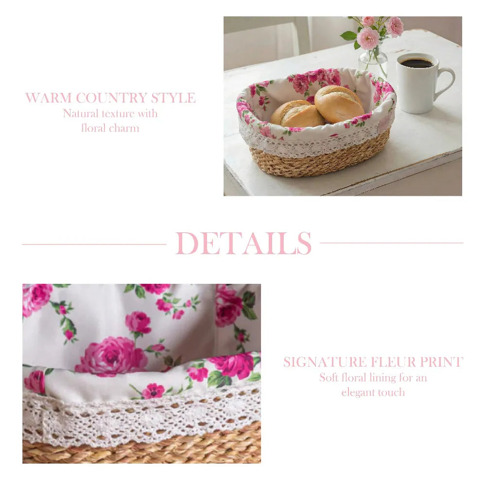 Woven basket with floral lining on a table with coffee and flowers, text describing warm country style and floral charm.