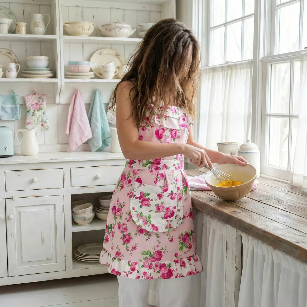 Woman in a floral apron preparing food in a kitchen.