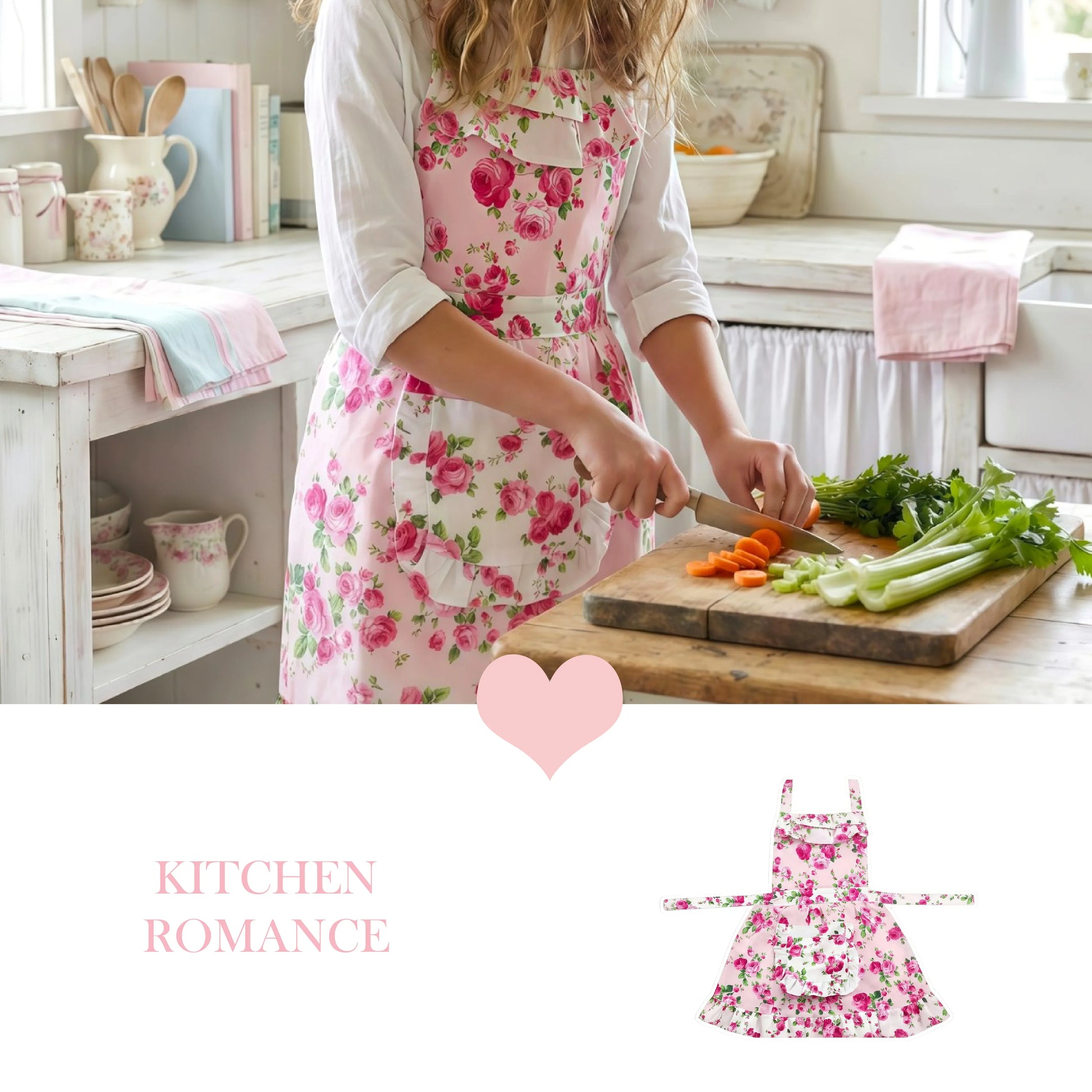 Person in a pink floral apron chopping carrots in a white kitchen above a heart icon and an apron graphic.