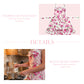 Product details graphic showing a pink floral ruffled apron and a person cooking at a stove wearing the same apron.