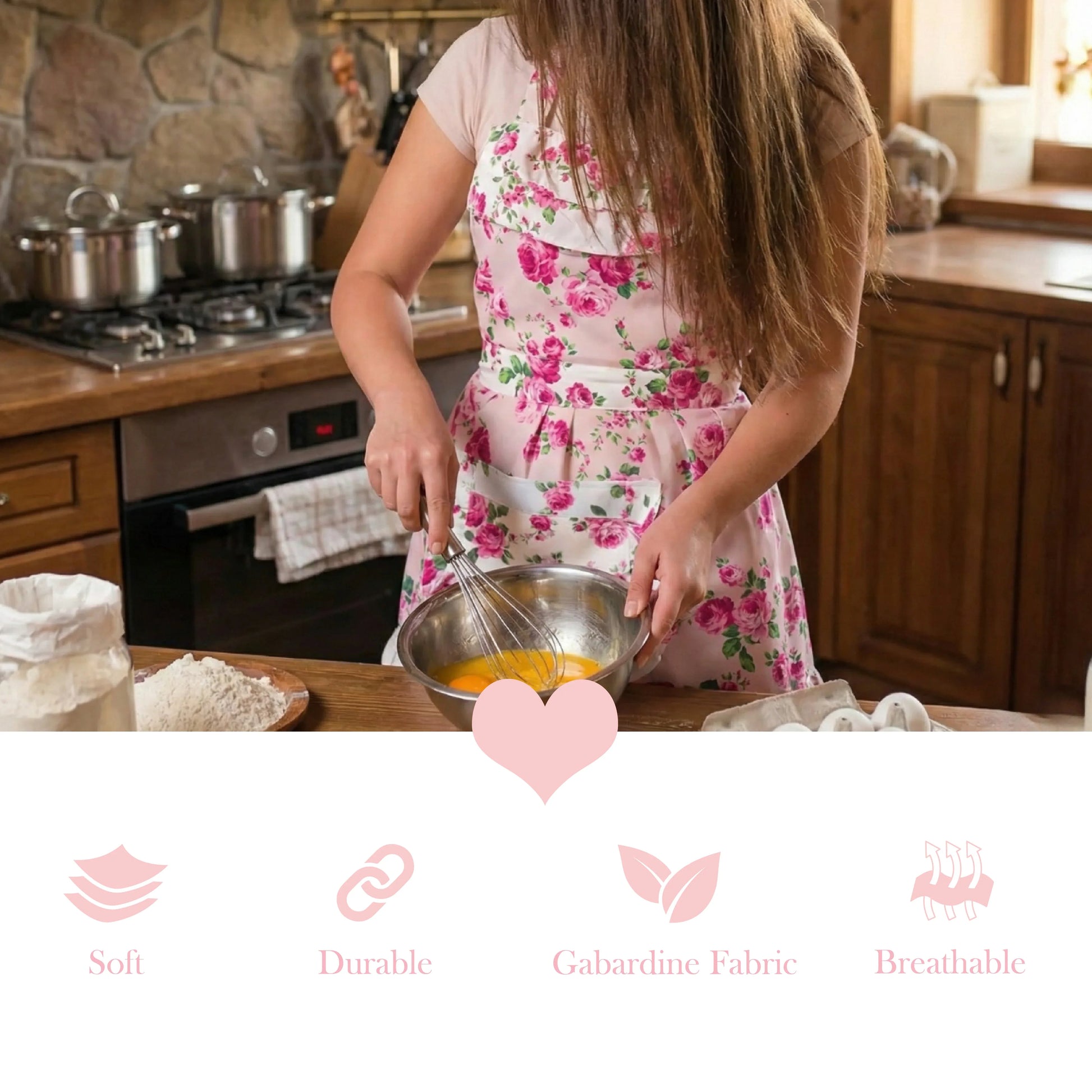 Graphic with a person whisking eggs in a pink floral apron above icons for soft, durable, gabardine, and breathable.