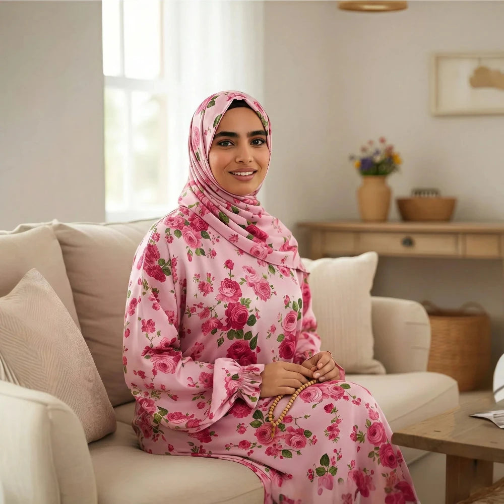 A woman wearing a pink floral hijab and matching long-sleeve Isdal Prayer dress sits on a beige sofa in a bright, modern living room.