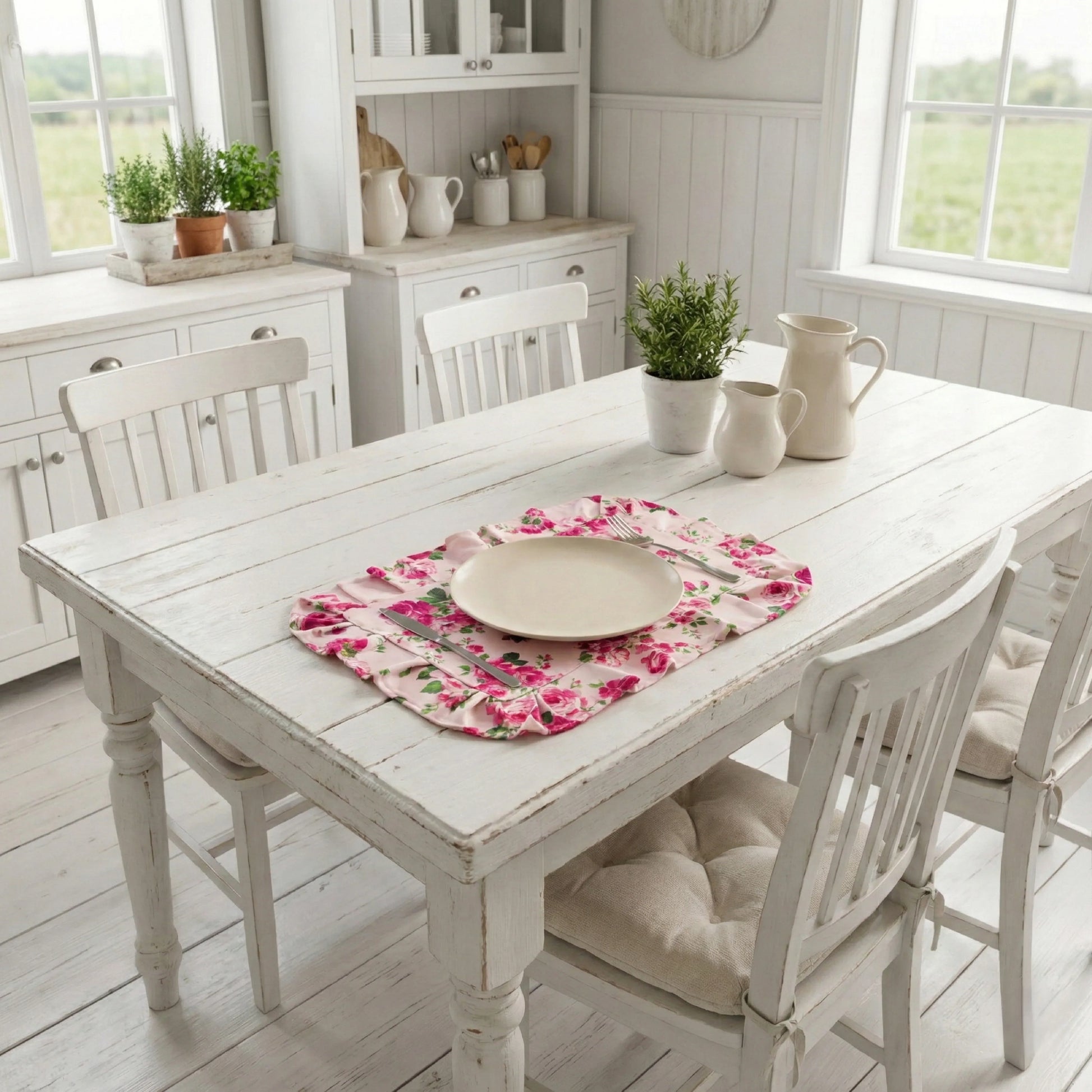 White plate and silver cutlery on a pink floral ruffled placemat on a distressed white wooden table in a bright kitchen.