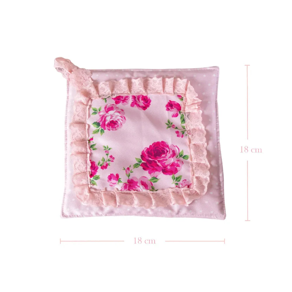 Floral patterned fabric square pot holder with pink ruffled edges and dimensions on a white background