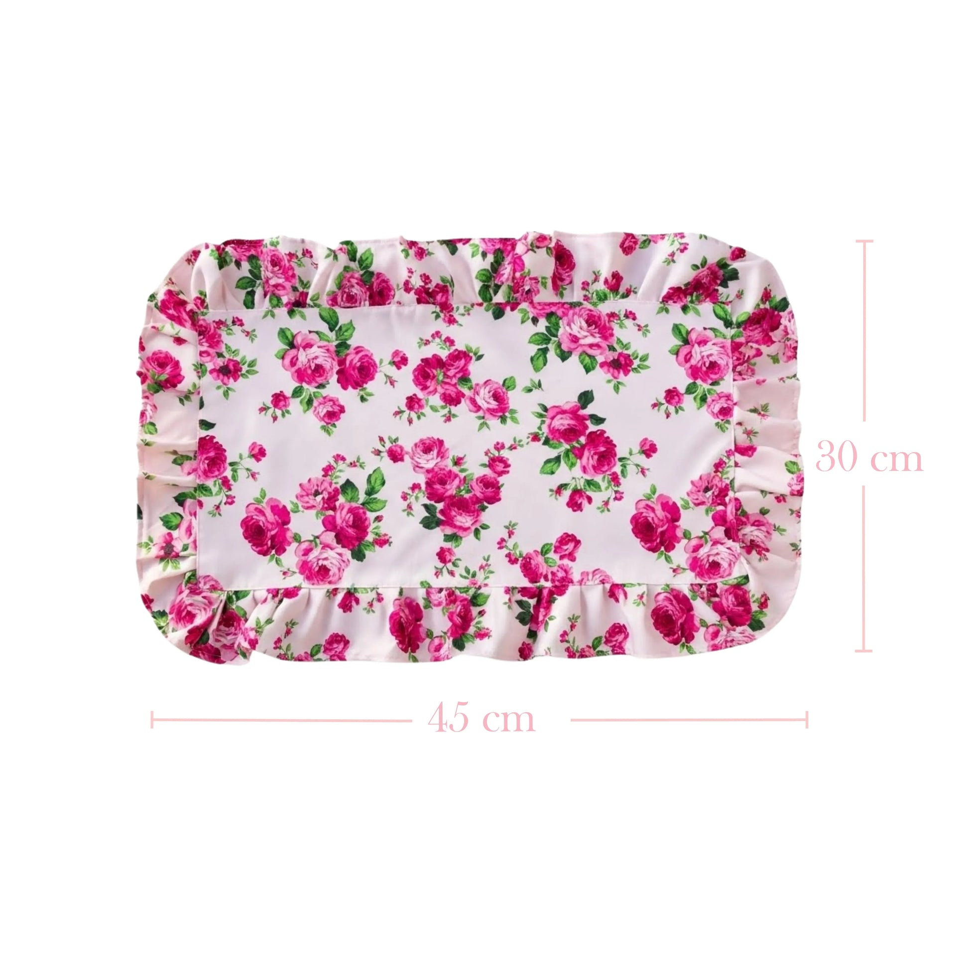 Pink floral ruffled placemat on a white background with dimension lines showing 45 cm width and 30 cm height.