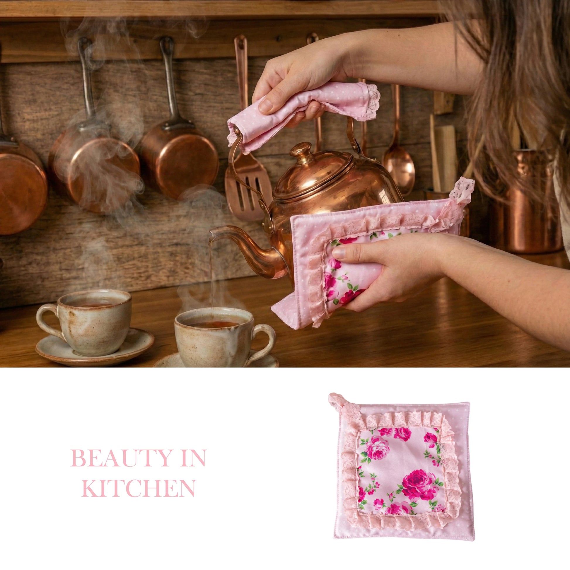 Hands using pink floral pot holders to pour a copper teapot into ceramic cups, alongside a square rose-patterned holder.