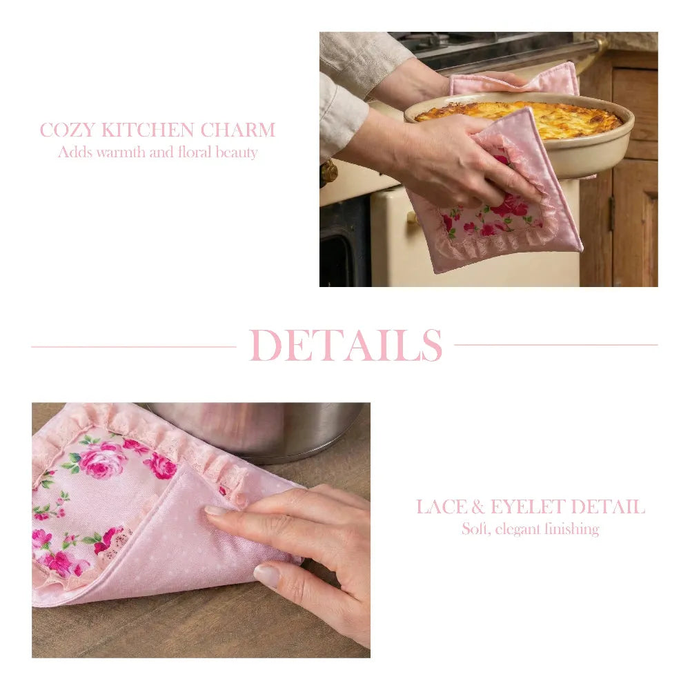 Person holding a pink dish towel with floral design pot holder over a baked dish in a kitchen.
