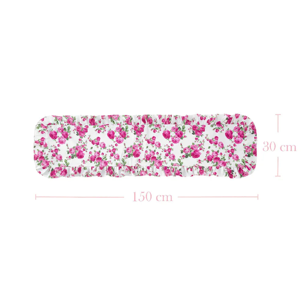 Floral-patterned table runner with dimensions on a white background