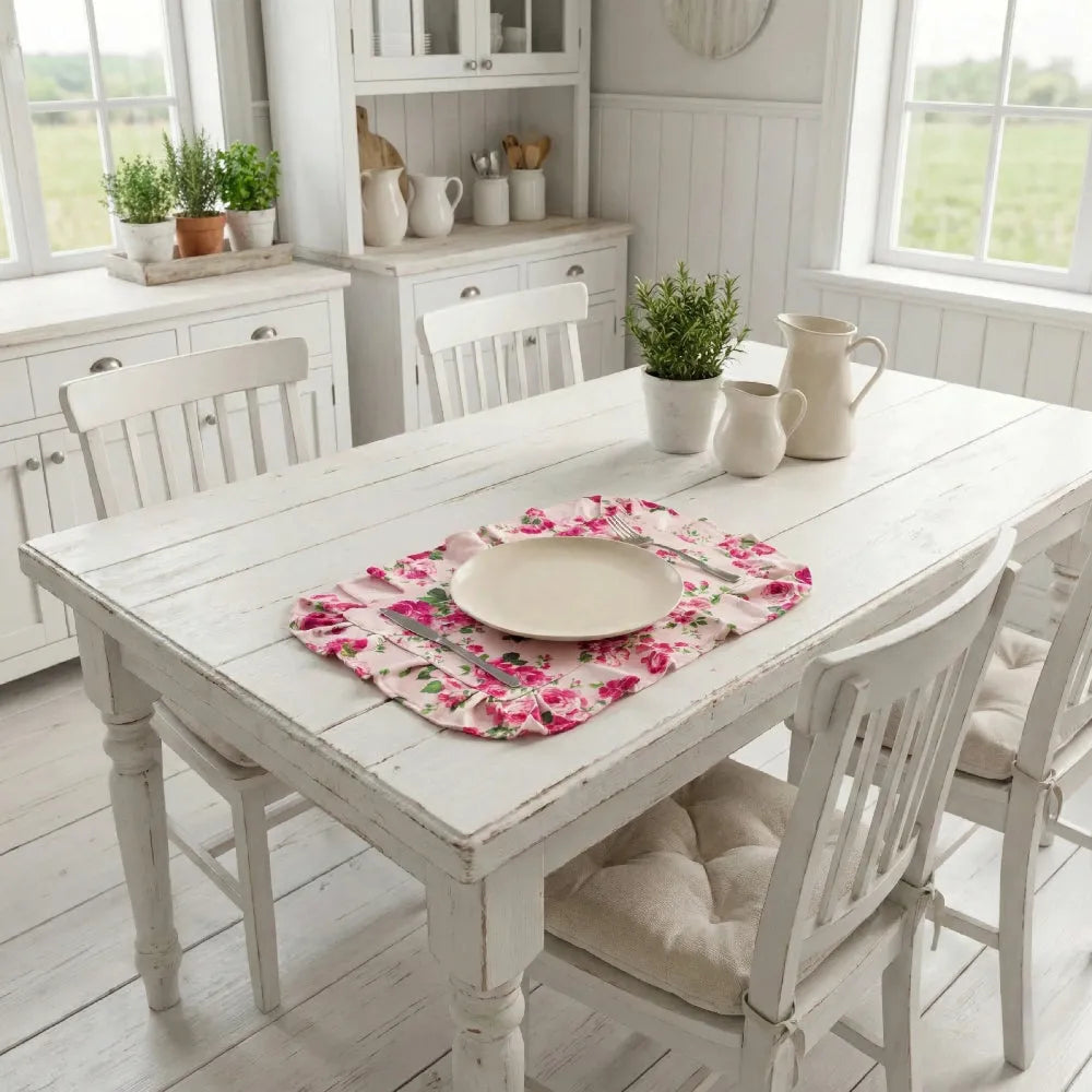 Fleur Placemat styled on dining table with floral design and plate setup in white dining room