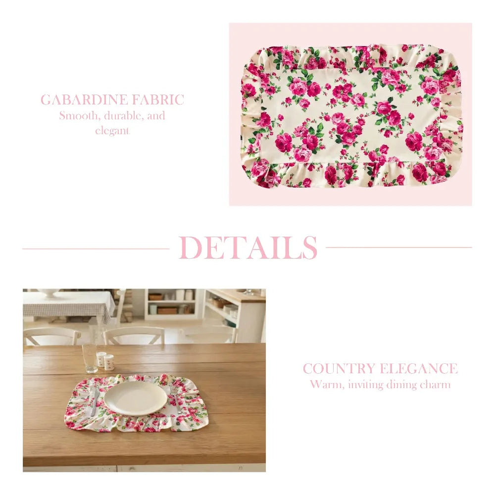 Fleur Placemat floral gabardine ruffled placemat product details on white background showcasing fabric texture and design