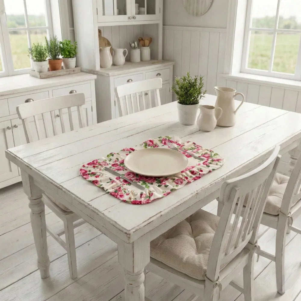 Fleur Placemat ruffled floral print with dinner plate and cutlery on distressed farmhouse dining table