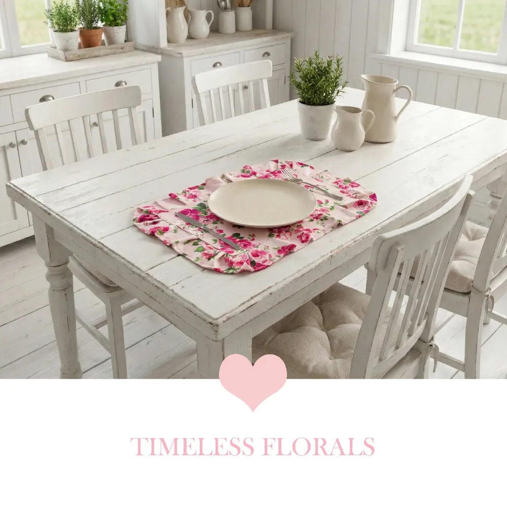 Fleur Placemat on white wooden dining table with floral design and chairs in bright dining room setting