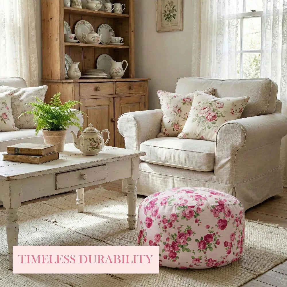 Fleur Pouf floral ottoman styled in living room with sofa and wooden cabinet