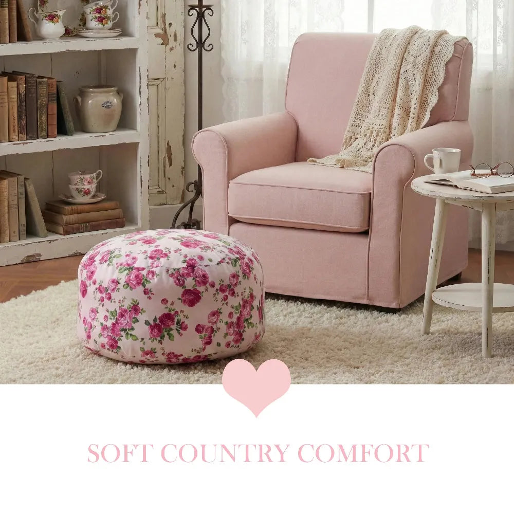 Fleur Pouf floral ottoman beside pink armchair in living room setting
