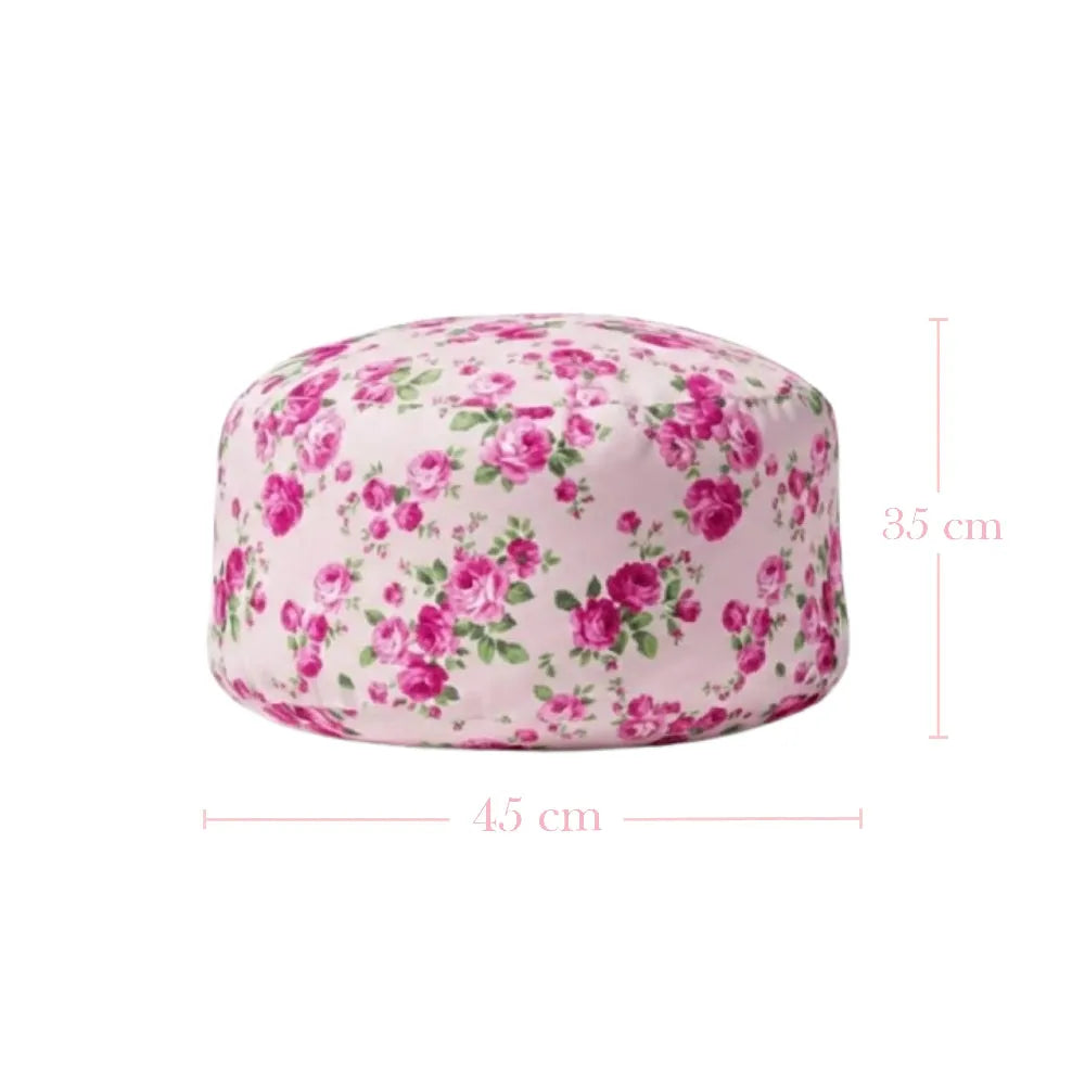 Fleur Pouf floral patterned fabric with dimensions displayed on white background