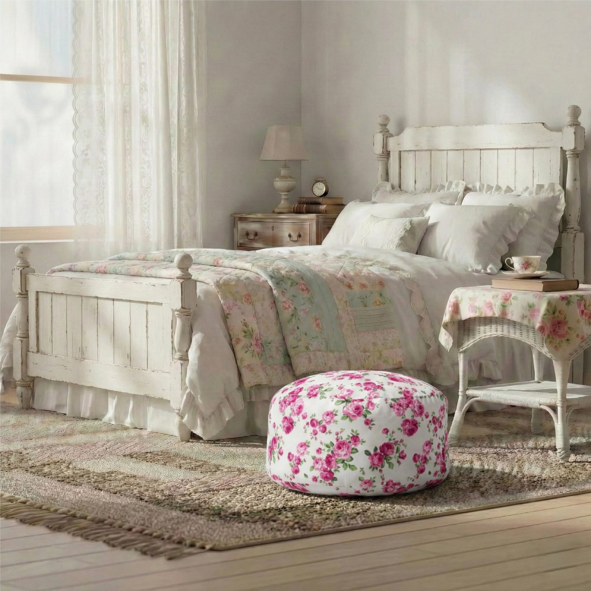 A pink rose fleur pouf centered on a textured rug at the foot of a distressed white wooden bed in a bright, vintage-style bedroom.