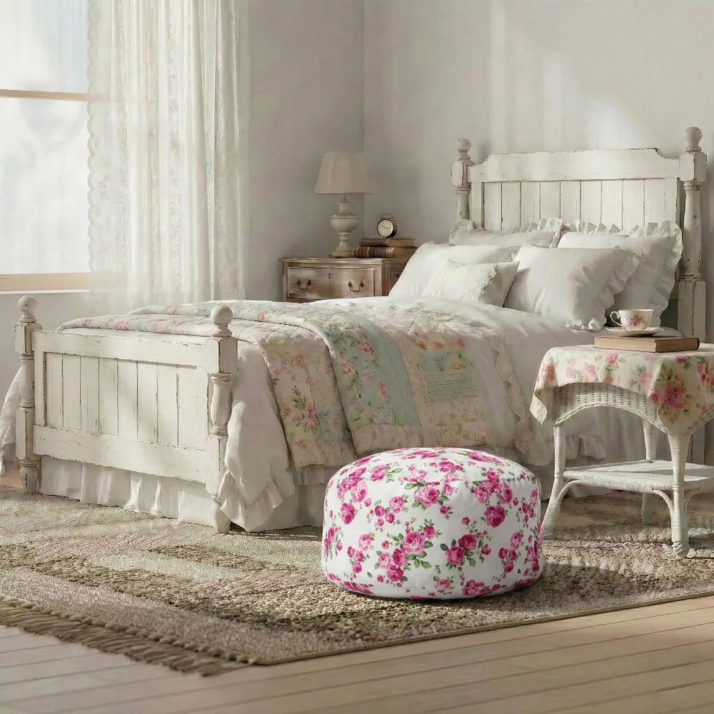 Fleur Pouf ottoman placed beside floral bedding in bedroom with handcrafted Egypt home decor