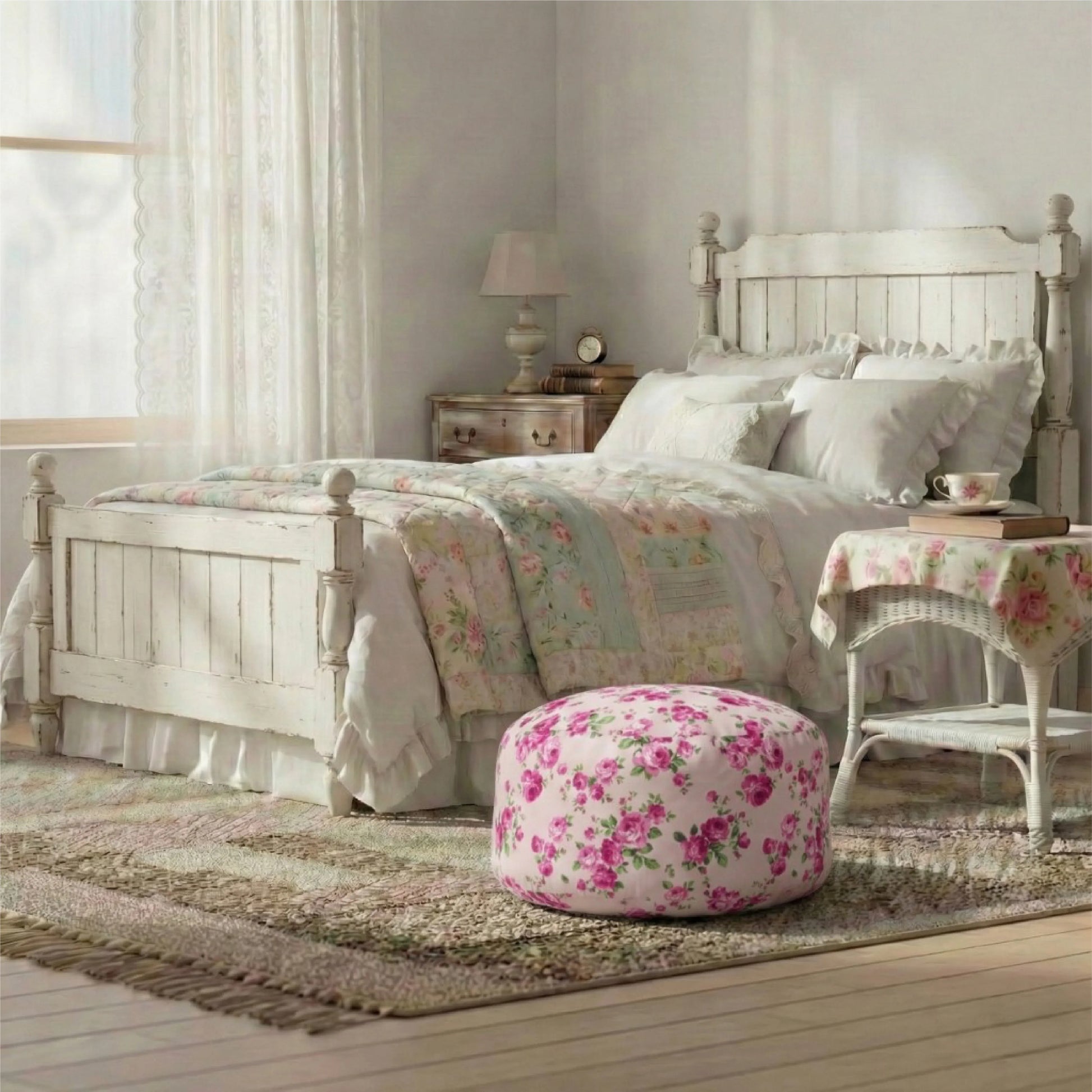 A pink rose fleur pouf centered on a textured area rug in a vintage bedroom with a white distressed wooden bed and a floral wicker side table.