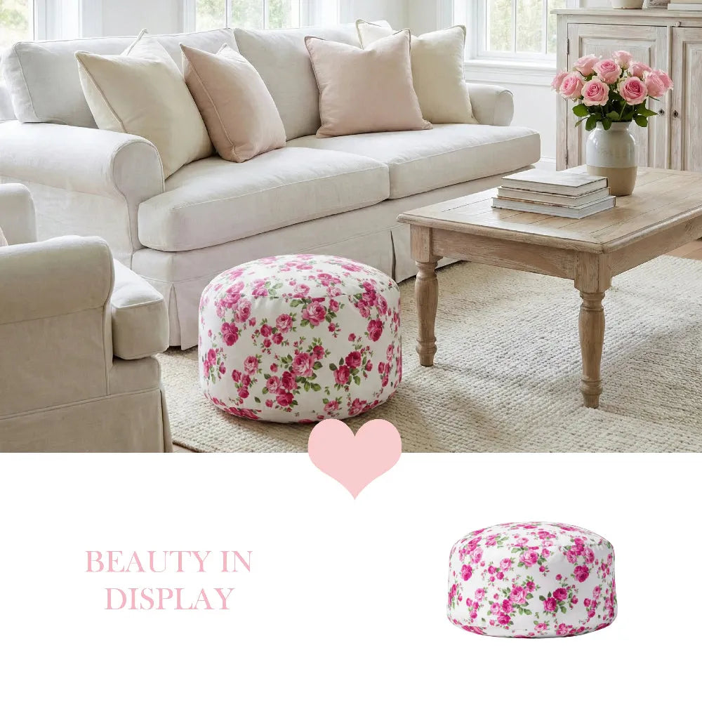 Fleur Pouf round ottoman with floral print beside white sofa and wooden coffee table
