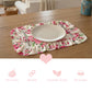 White plate and cutlery on a pink rose ruffled placemat over a wooden table, with pink product icons below.
