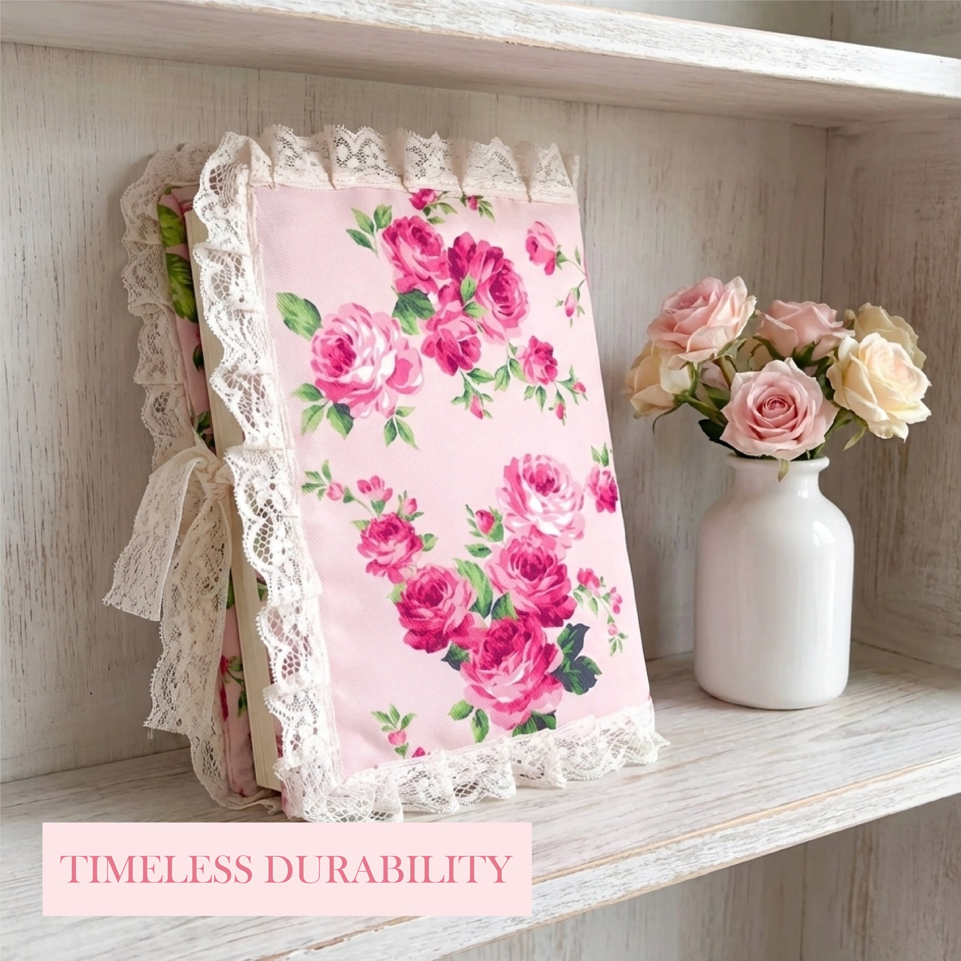 Fleur Quran cover with floral fabric and lace trim on a shelf with a vase of flowers.