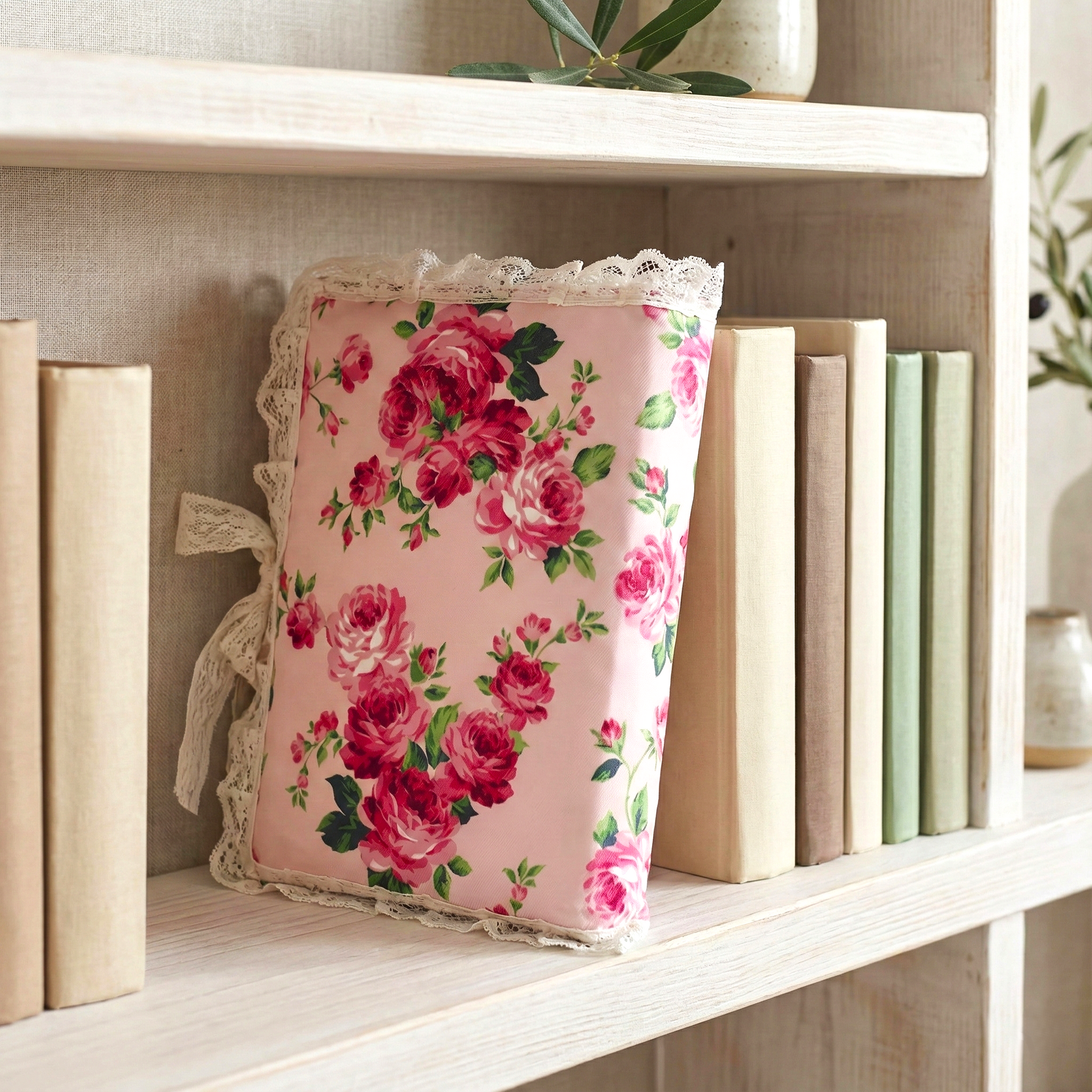 Floral pillow on a bookshelf with decorative books and plants.
