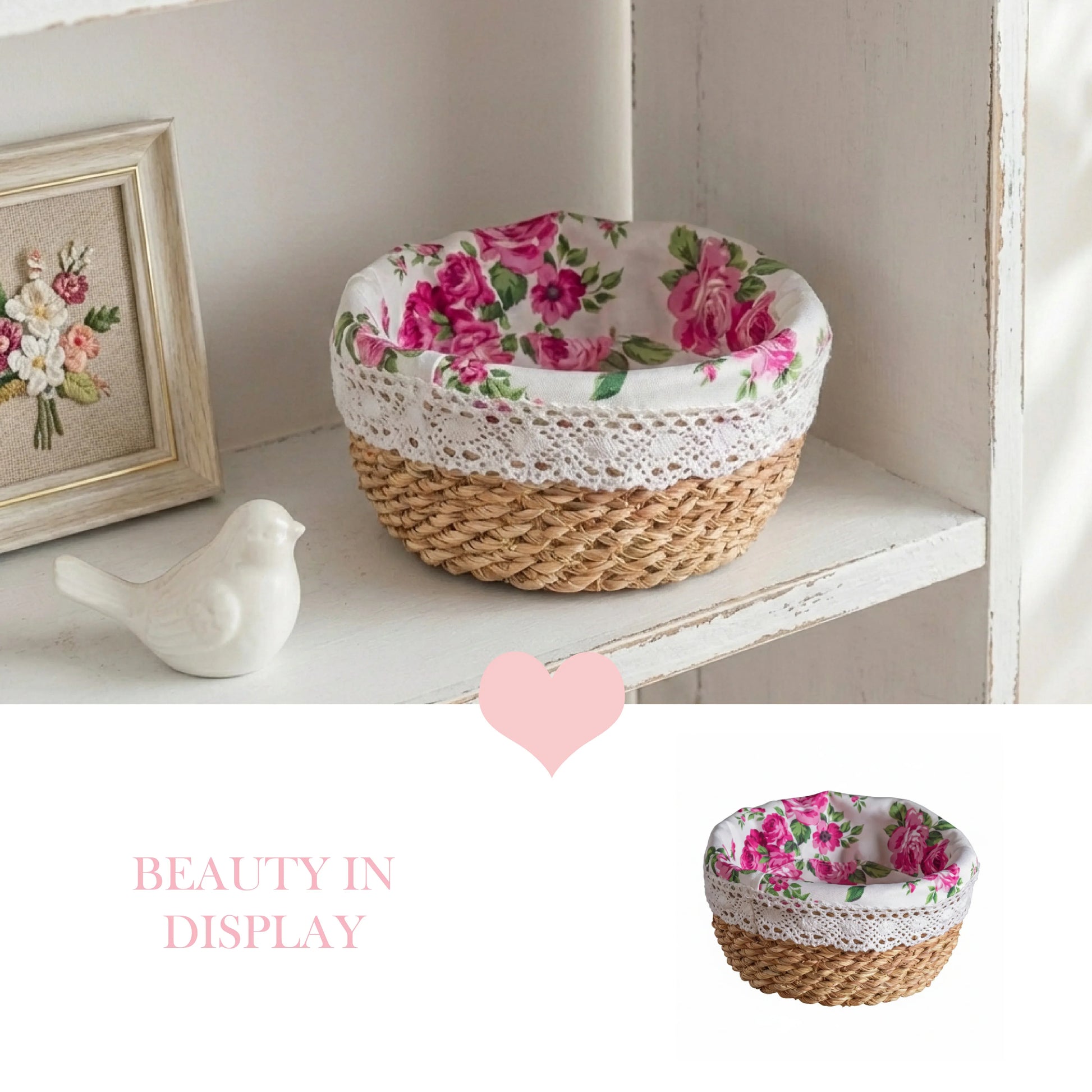 Round fleur halfa basket on a white shelf with a bird figurine and floral frame.