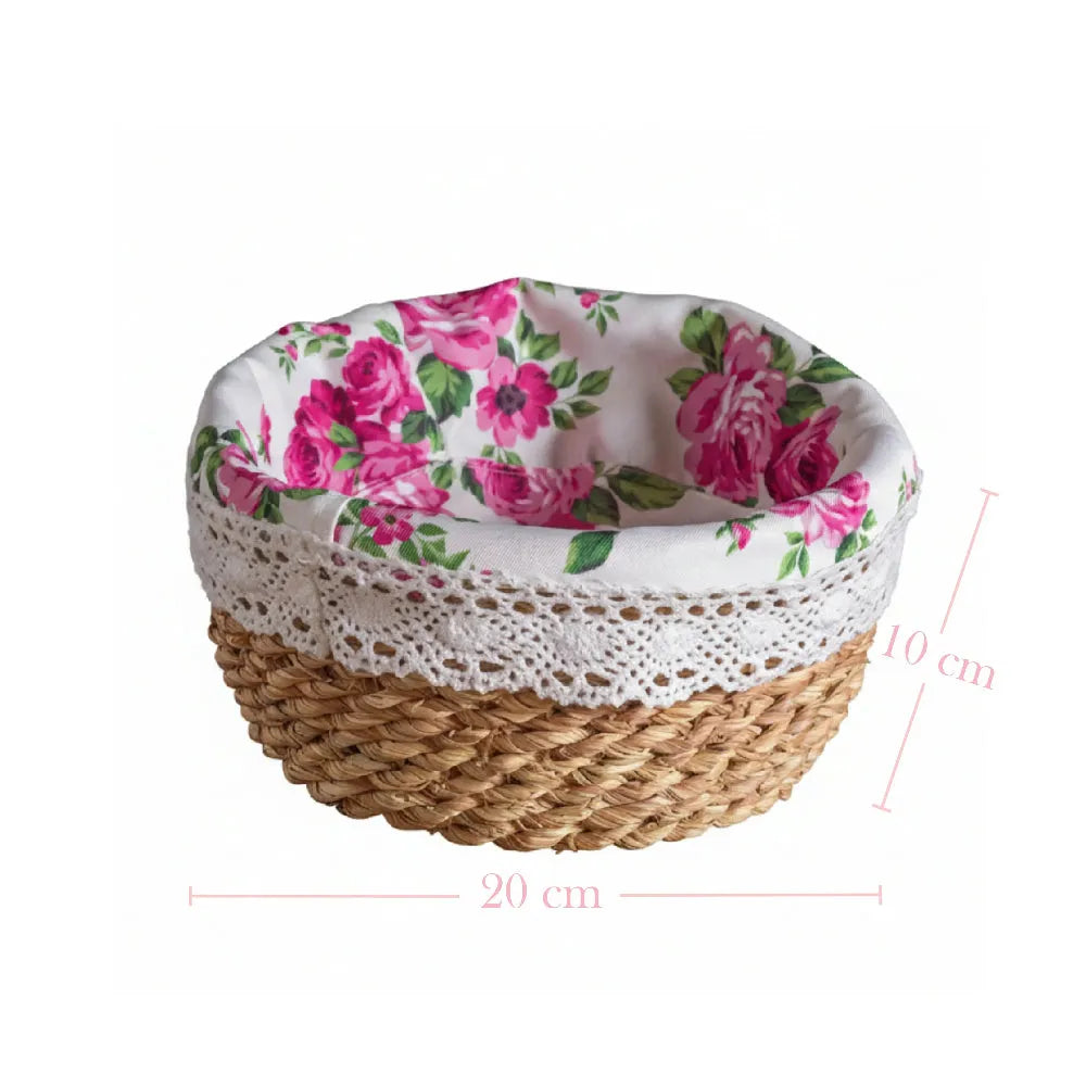 Woven basket with floral lid on a white background