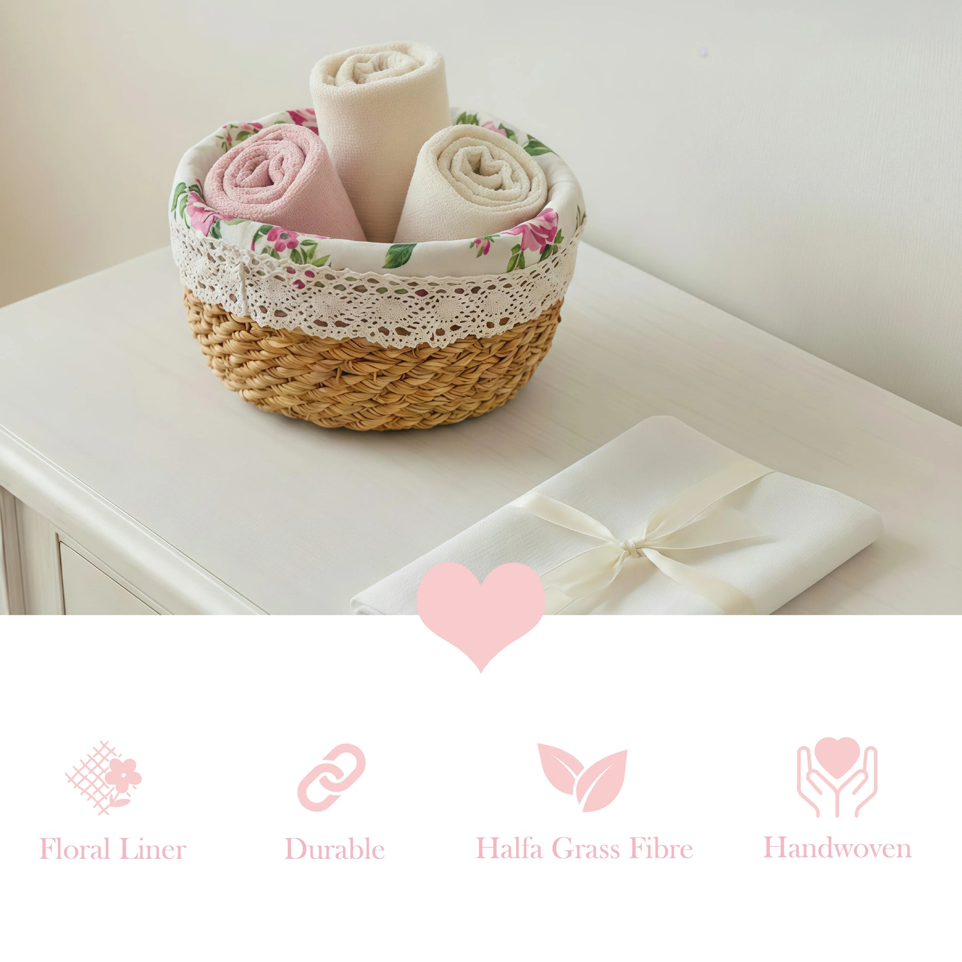 Round fleur halfa basket with rolled towels and product icons: floral liner, durable, grass fiber, and handwoven.