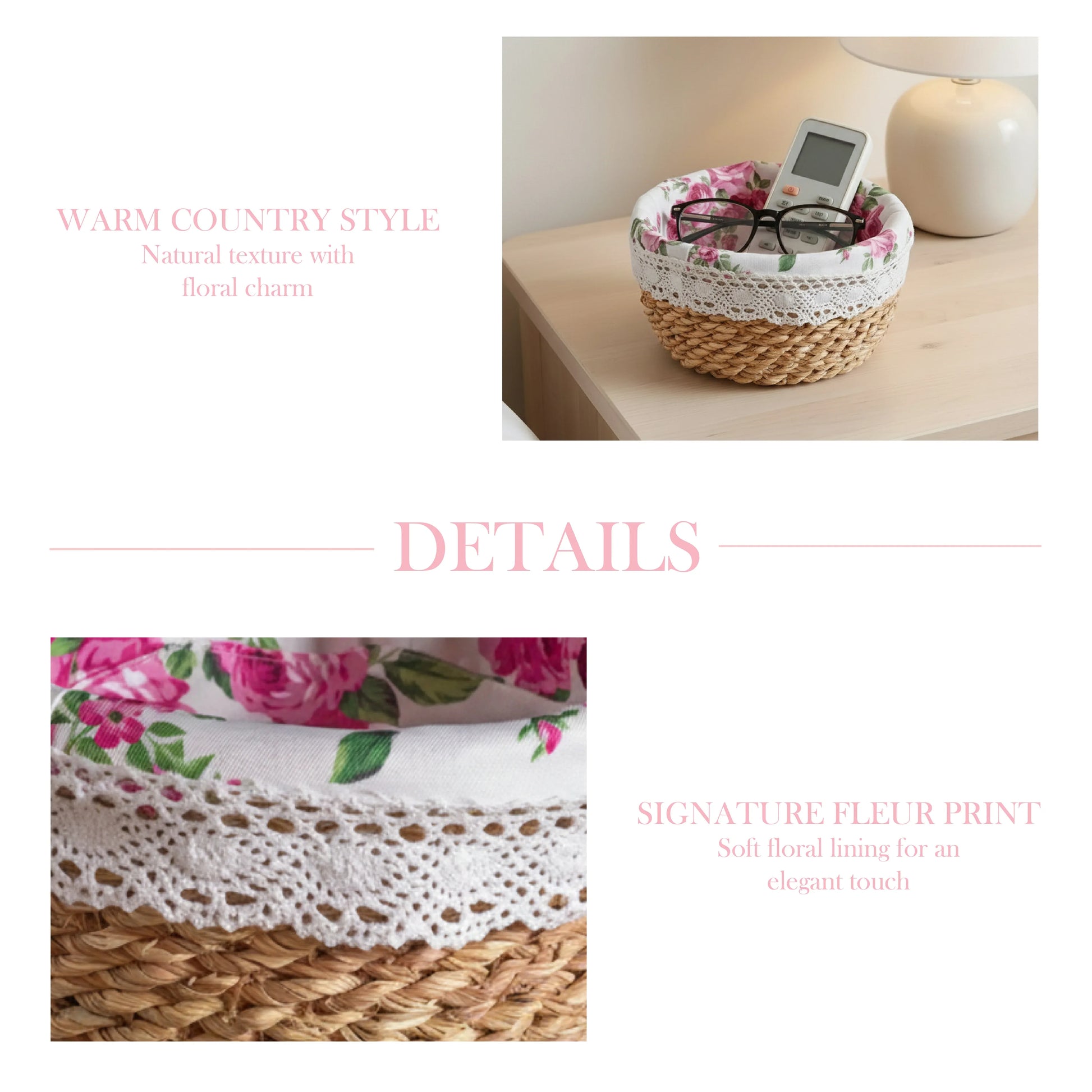 A product detail graphic for the round Fleur basket, featuring a lifestyle shot of the basket used as a nightstand organizer and a close-up highlighting the rose print liner and crochet lace trim.