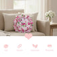 Fleur Ruffled Round Cushion with Filling pale pink placed on beige sofa with decorative icons and styling elements