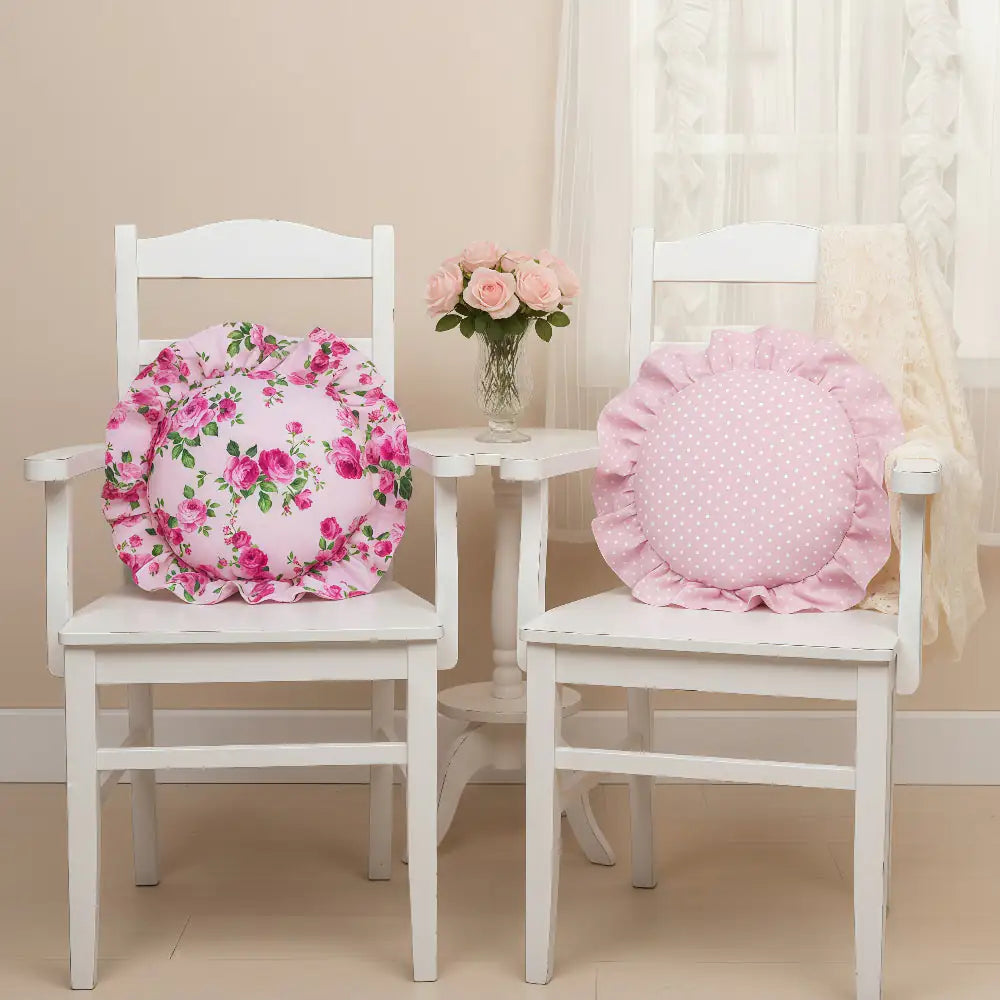 Fleur Ruffled Round Cushion with Filling pale pink displayed on chairs with floral and polka dot styling beside small table and flowers