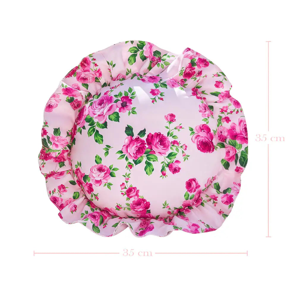 Fleur Ruffled Round Cushion with Filling pale pink size measurement on white background