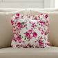 Fleur Ruffled Square Cushion with Filling antique white floral patterned cushion placed on beige sofa in living room setting