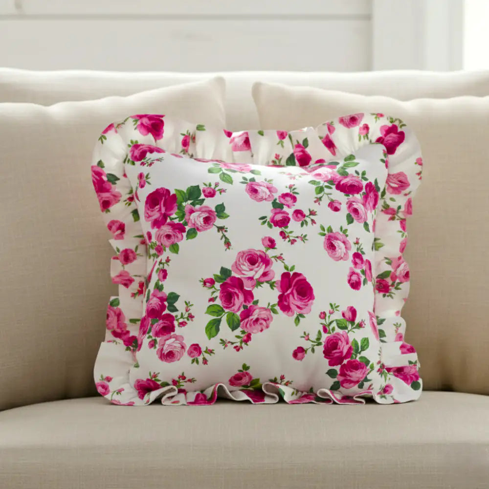 Fleur Ruffled Square Cushion with Filling antique white floral patterned cushion placed on beige sofa in living room setting