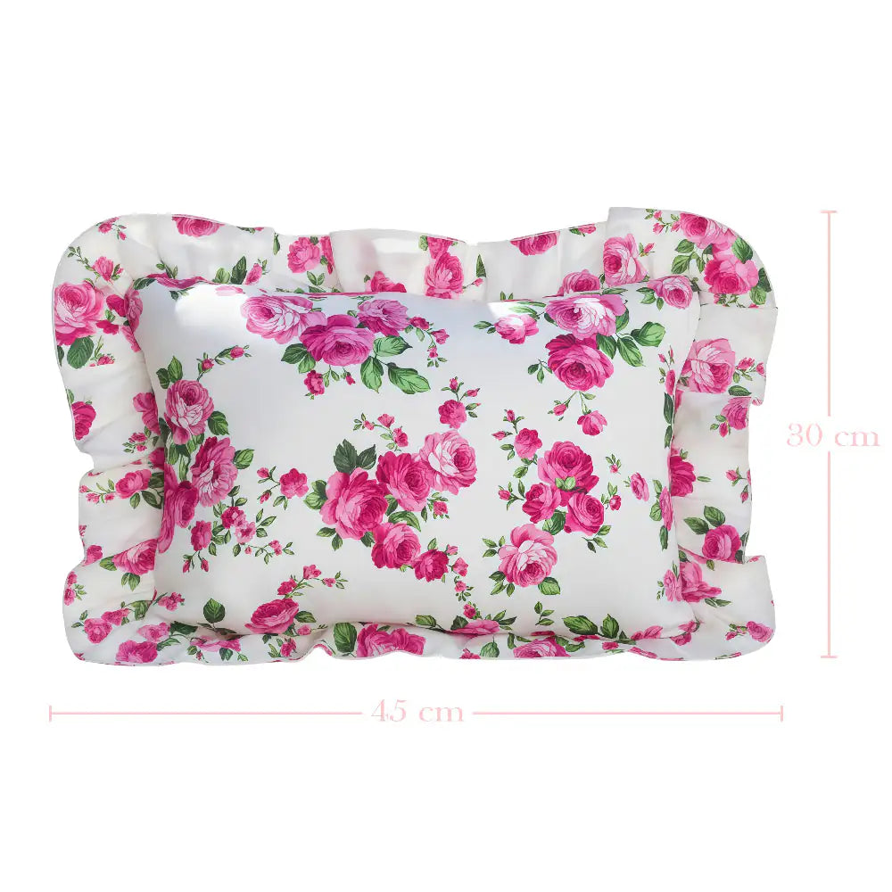Fleur Ruffled Square Cushion with Filling floral pattern ruffled edges dimensions shown white background home decor accent