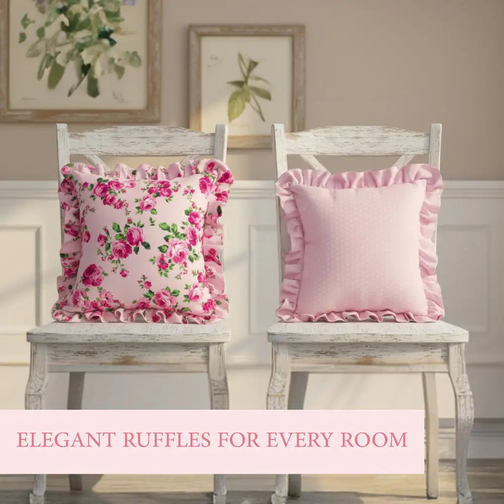 Fleur Ruffled Square Cushion with Filling pale pink on white chairs with floral and polka dot designs in room setting