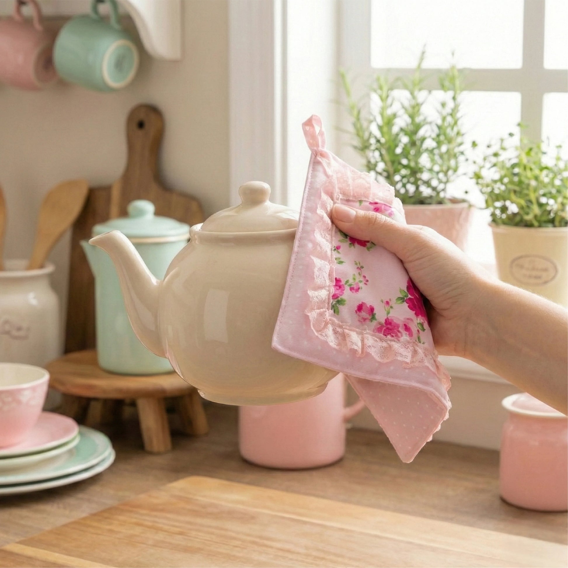 A hand holding a cream teapot with a pink ruffled floral pot holder in a bright kitchen with plants.