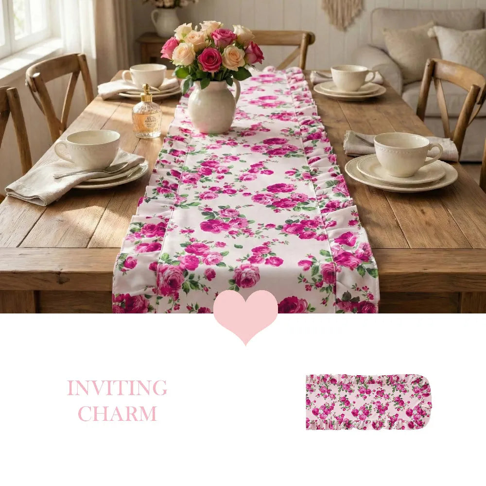 Fleur Table Runner floral design on wooden dining table with cups plates and heart graphic overlay