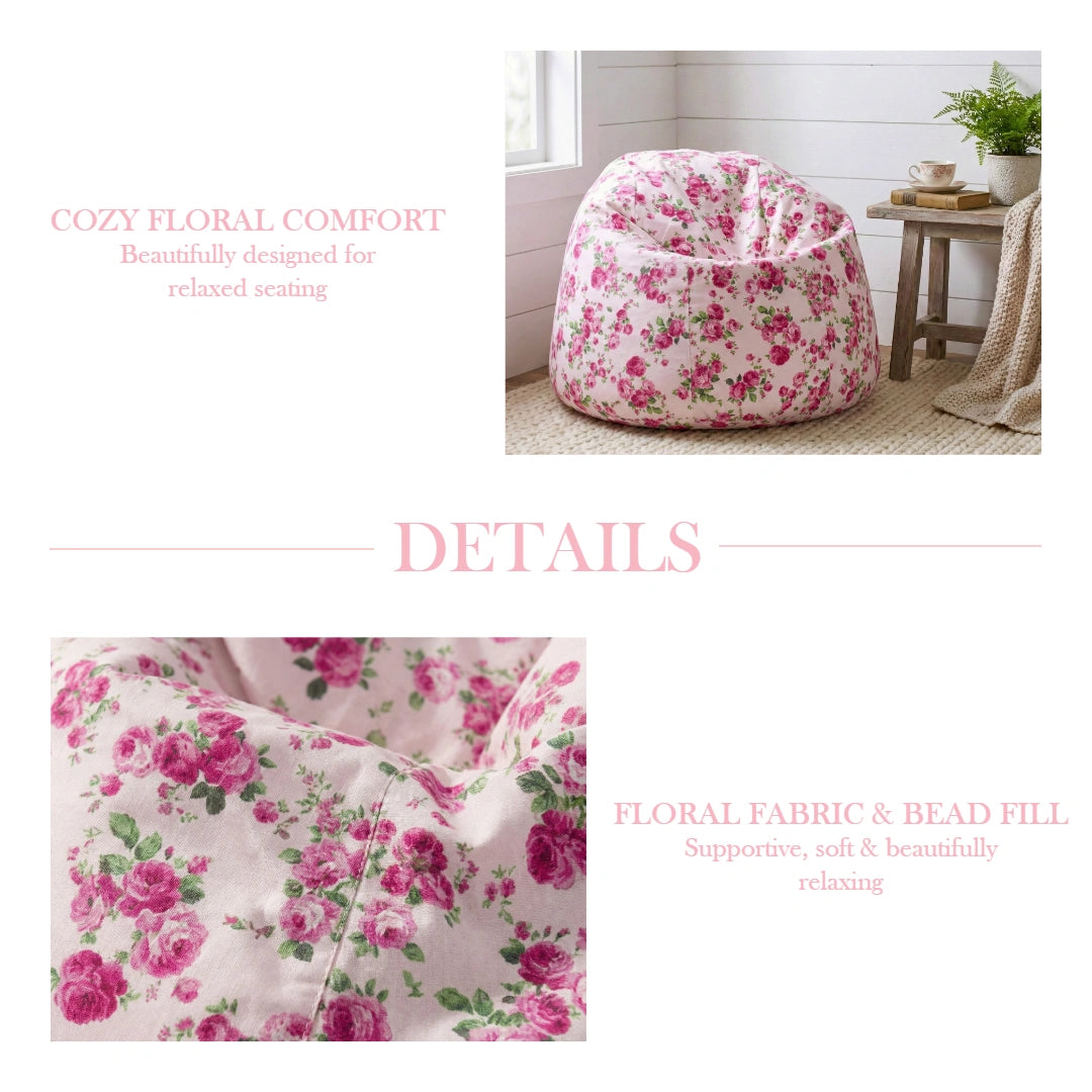 Floral bean bag chair in a room with text about cozy floral comfort.