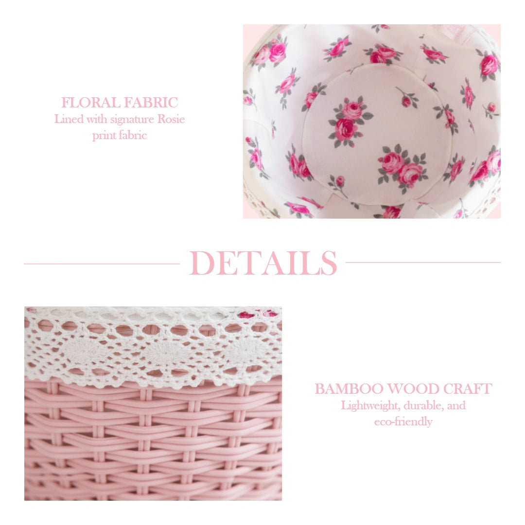 Floral fabric lined Cottage Round Wicker Basket with bamboo wood craft details on a white background