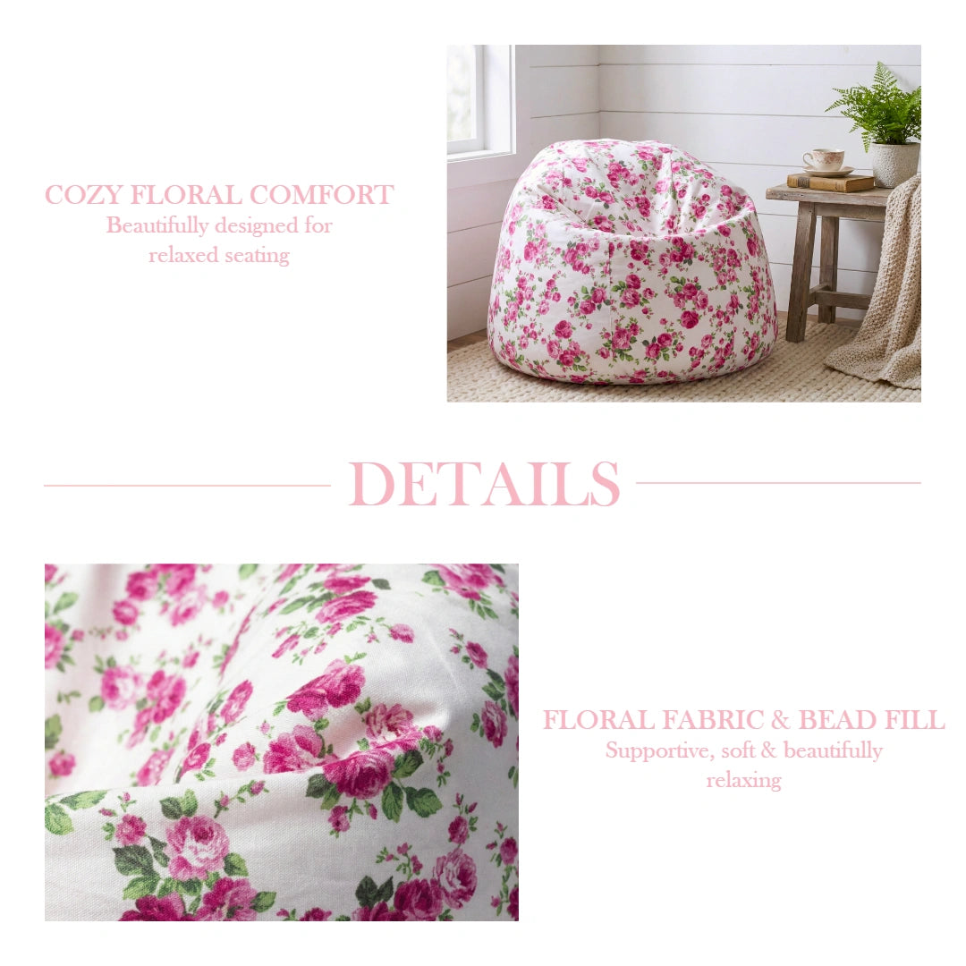 Floral-patterned bean bag chair in a room with text about its features.