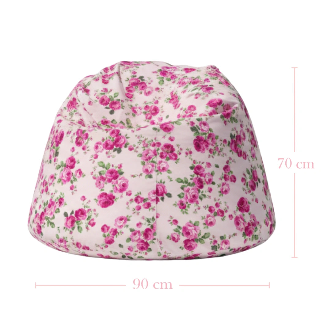 Floral-patterned bean bag chair with measurements on a white background