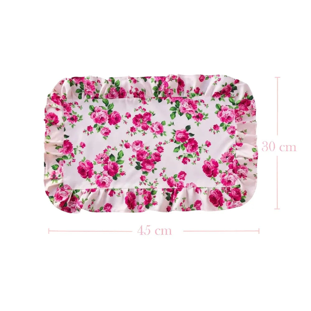 Floral-patterned placemat with dimensions on a white background