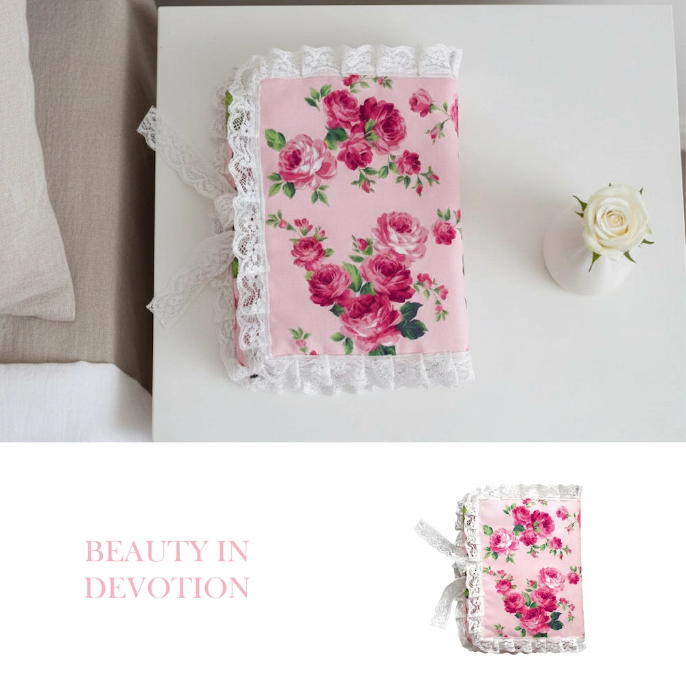 Floral-patterned quran cover with lace trim on a light background, featuring the text 'Beauty in Devotion'.