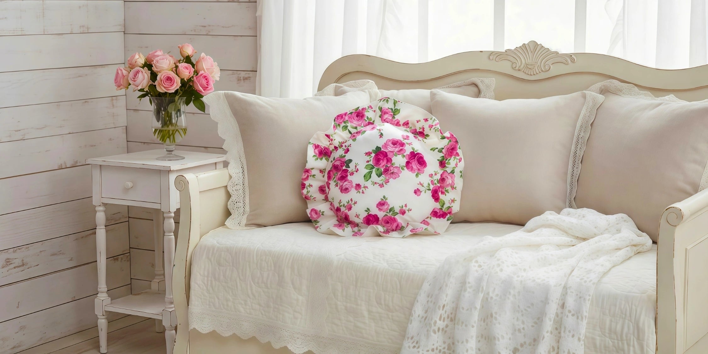 Floral pillow on a beige sofa with a side table and pink flowers in the background