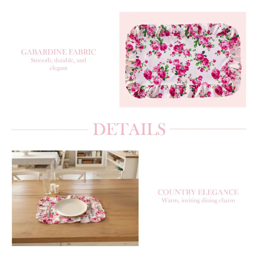 Floral placemat on a pink background with text about gabardine fabric and country elegance.