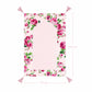 Floral-patterned prayer rug with pink background and measurements on a white background