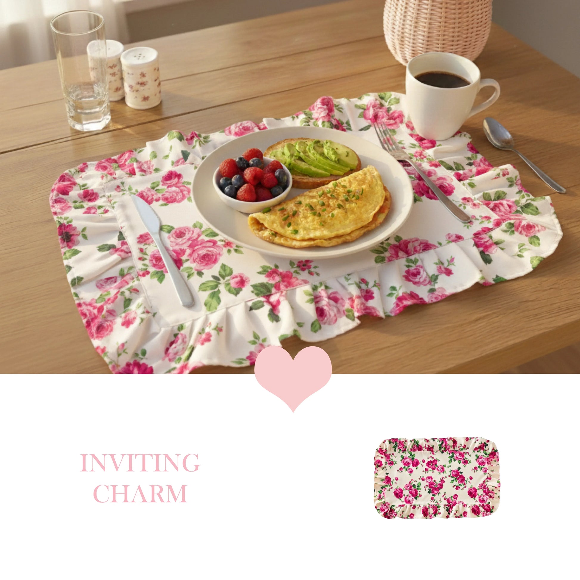 Breakfast plate with omelet and fruit on a ruffled floral placemat, coffee mug, and pink heart icon on a wooden table.